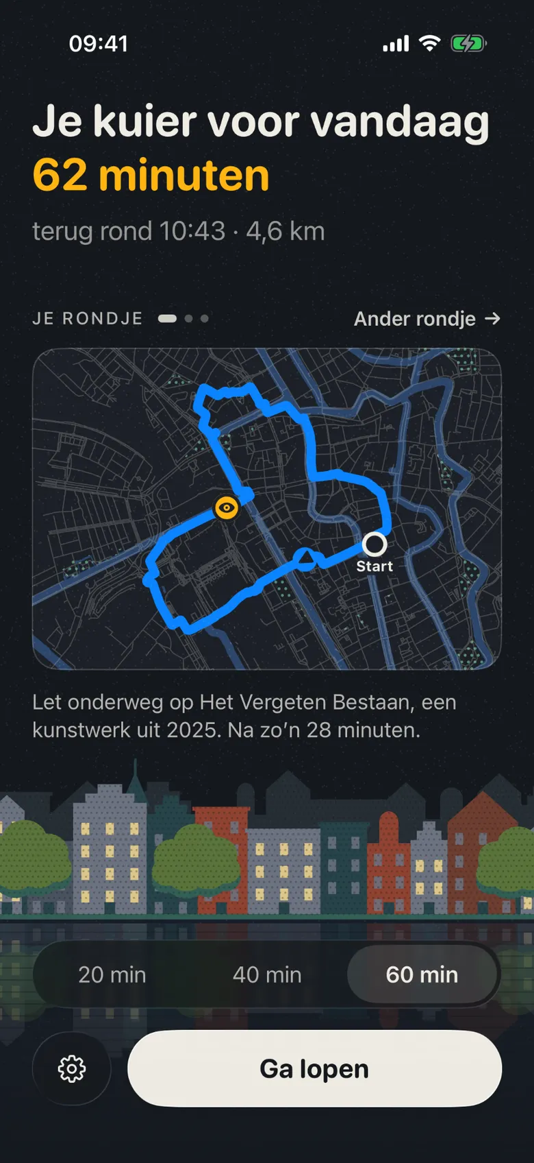 Het beginscherm van Kuier: “Je kuier voor vandaag, 62 minuten, terug rond 10:43, 4,6 km”, een gedrukt kaartje van het rondje door Utrecht, een tip om te letten op Het Vergeten Bestaan, en een keuze uit 20, 40 of 60 minuten met een knop Ga lopen.