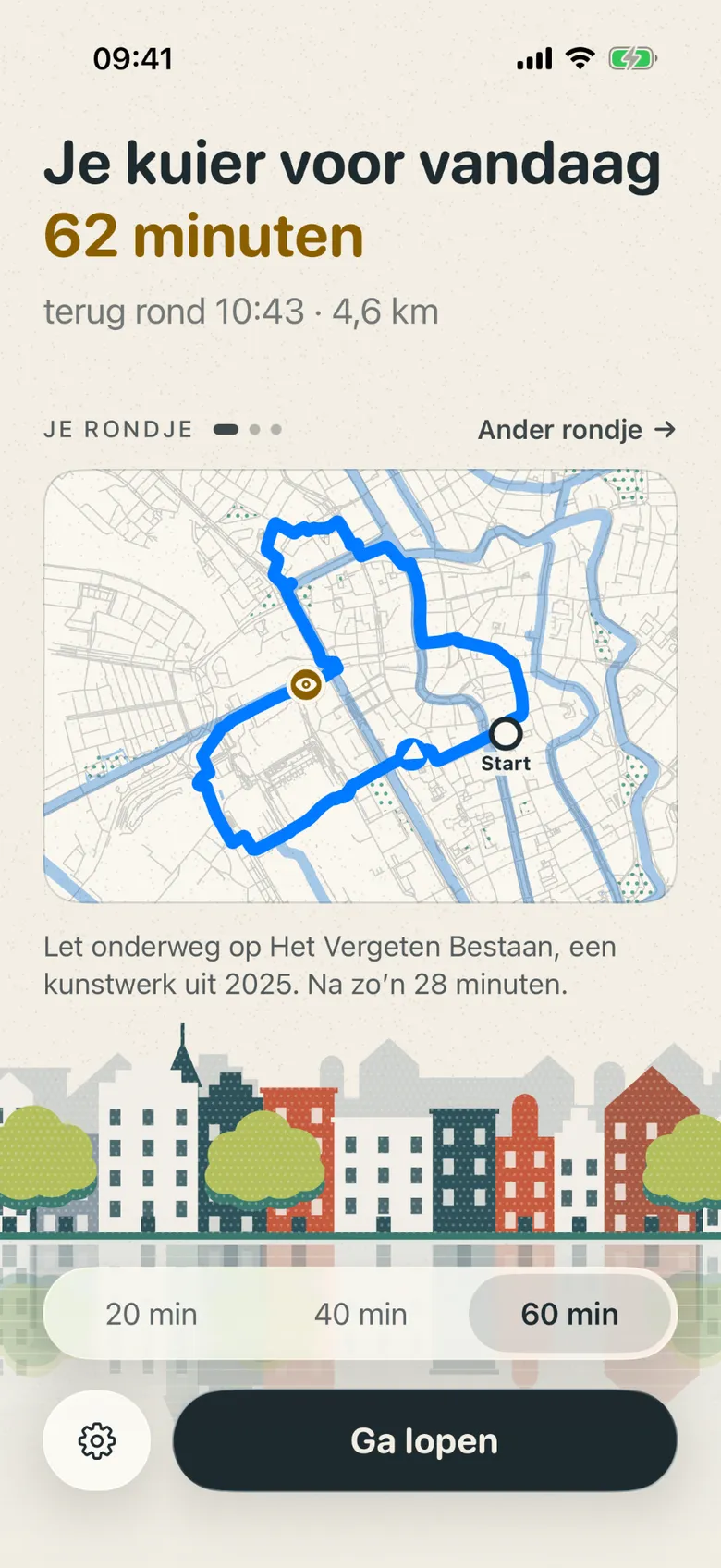 Het beginscherm van Kuier: “Je kuier voor vandaag, 62 minuten, terug rond 10:43, 4,6 km”, een gedrukt kaartje van het rondje door Utrecht, een tip om te letten op Het Vergeten Bestaan, en een keuze uit 20, 40 of 60 minuten met een knop Ga lopen.